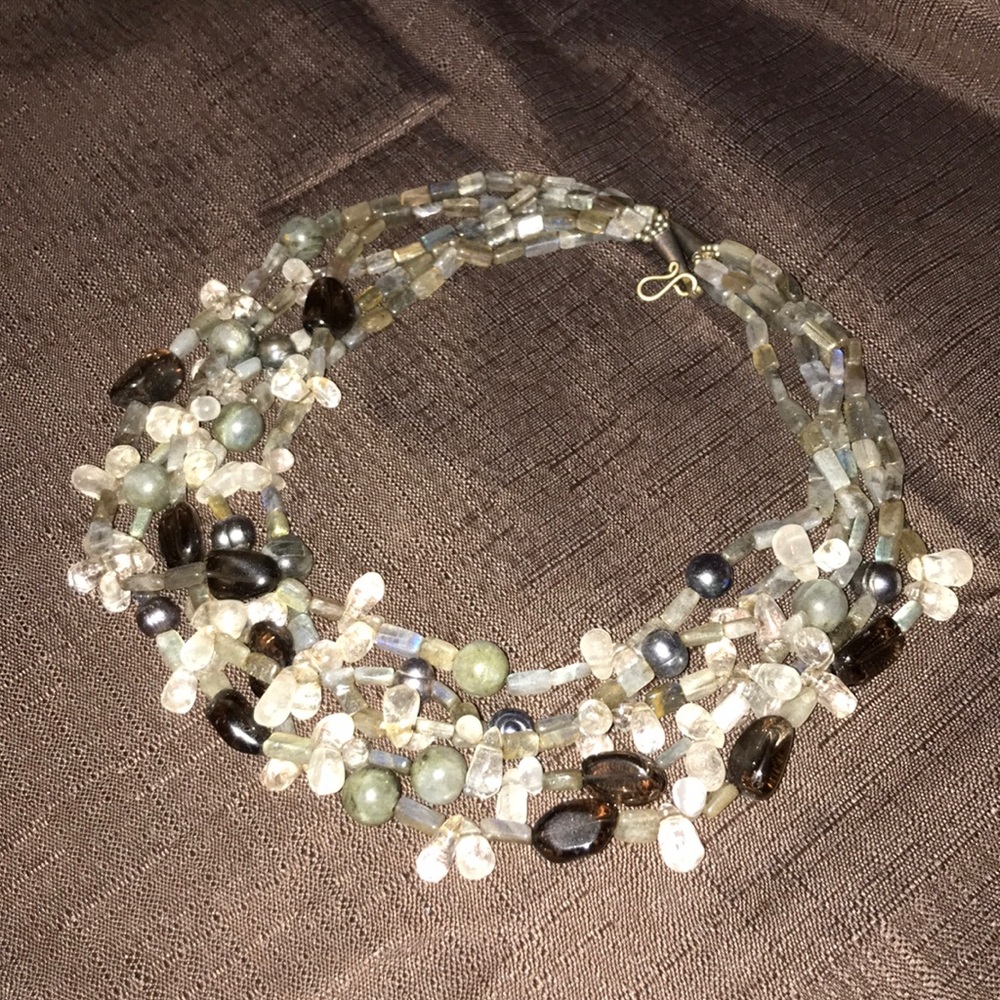 Raw amethyst and black pearl beaded necklace
